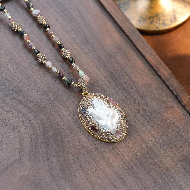 Natural Baroque Freshwater Special-shaped Pearl Earrings Jewelry Set Women's Inlaid Tourmaline Sweater Chain Jewelry Three-piece Set