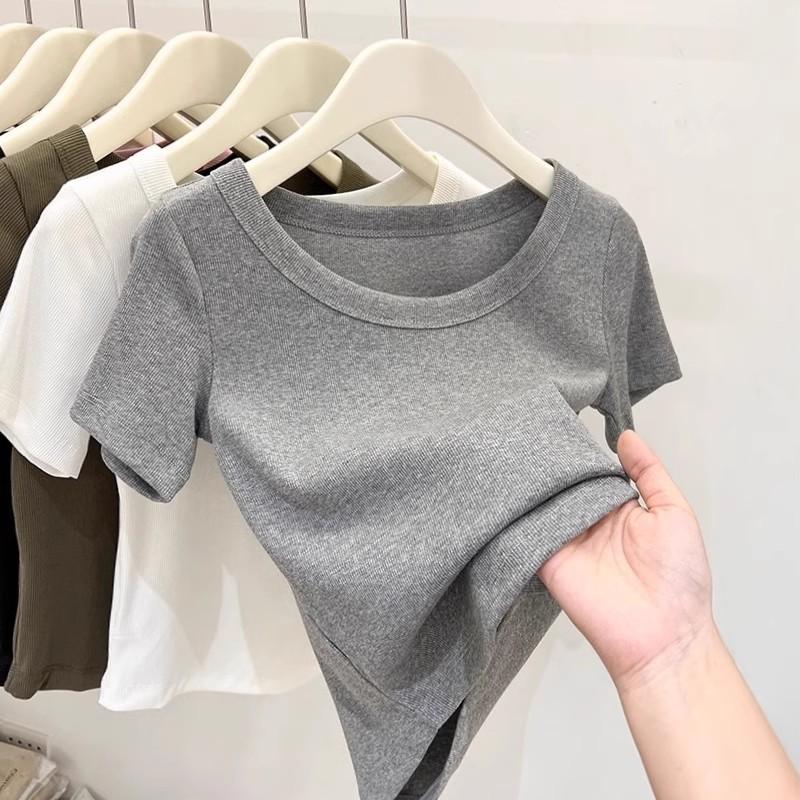 2025 Summer Simple Solid T Shirts Women’s O-neck Short-sleeve White T-shirt Casual Slim Elastic All-match Y2k Tops Women Clothes