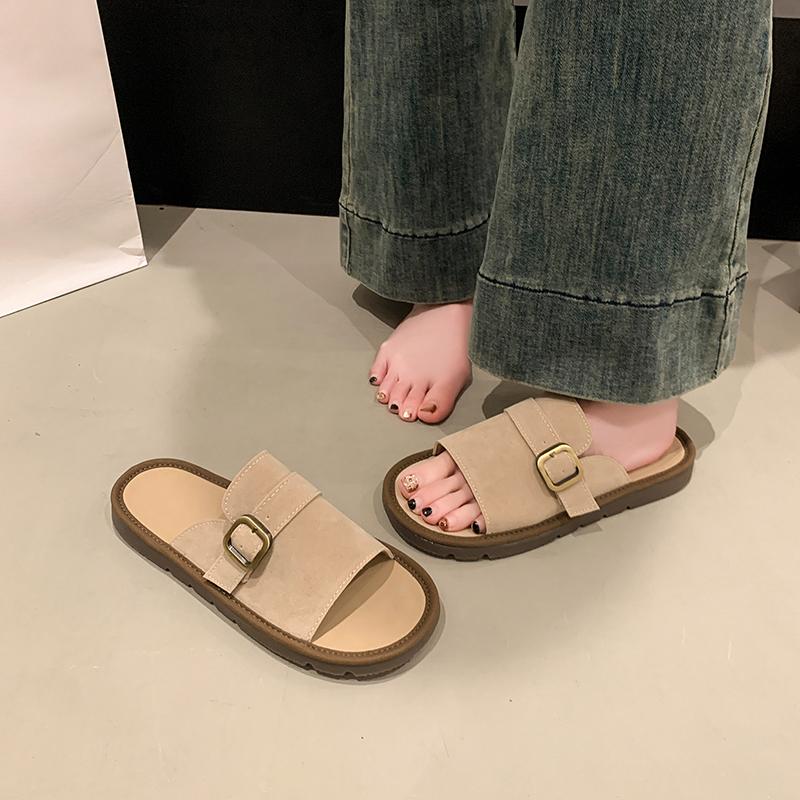 

Fashion 2025Women s Flat Sandals Summer New Style Round Head Open Toe Cow Suede Metal Buckle Soft Sole Anti-slip Wear-resistant Slippers 35 бежевый