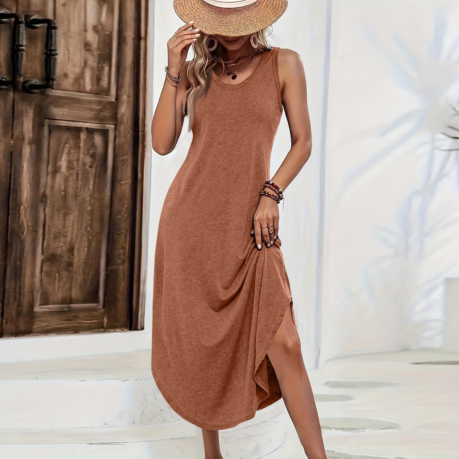 

Sleeveless Casual Loose Fit Solid Color Midi Dress with Side Slit Comfortable Summer Dress for Women M коричневий