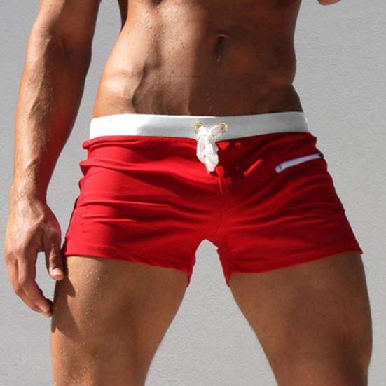 Men Solid Color Swimming Trunks Drawstring Pocket Slim Fit Beach Shorts Swimwear