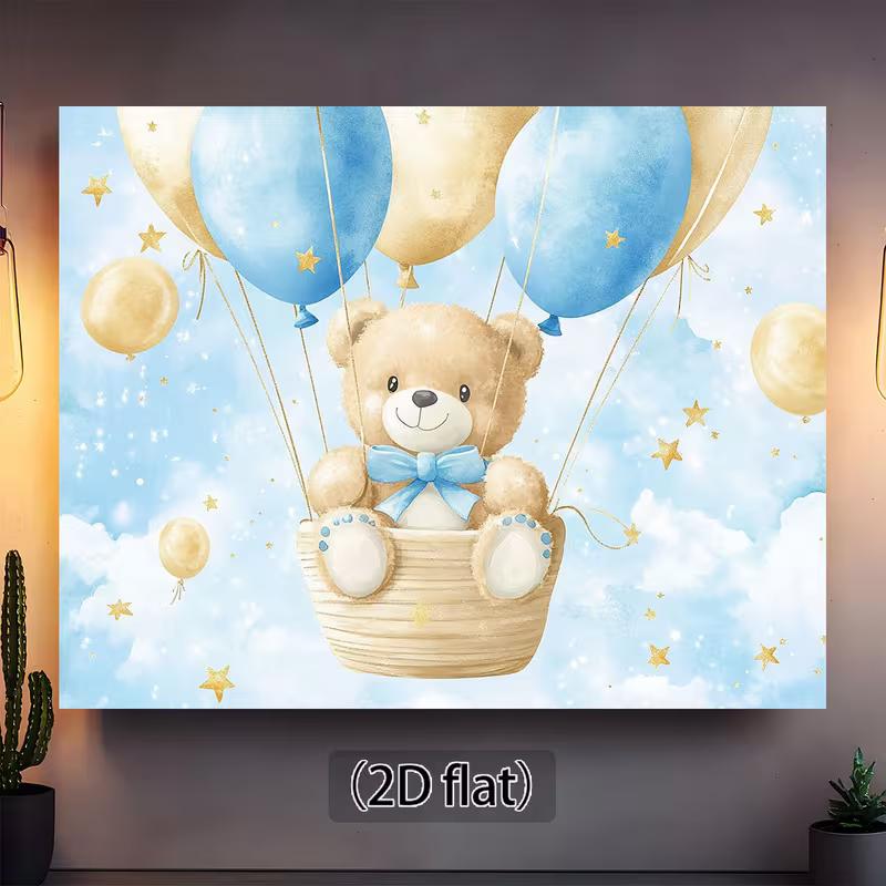 2D Newborn Backdrop, Watercolor Bear with Blue Balloons