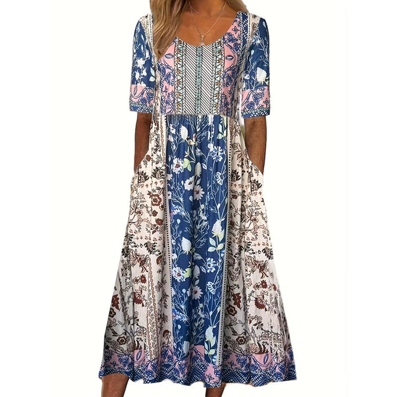 2026 Verano Europa y Estados Unidos nuevo vestido de mujer con cuello redondo, manga corta, falda larga, estampado bohemio para mujer