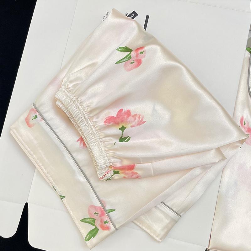 Summer New Ladies Sweet Satin Silk Floral Printed Pajamas Set Short Sleeve+Pants Women Cute Homewear Casual Wear