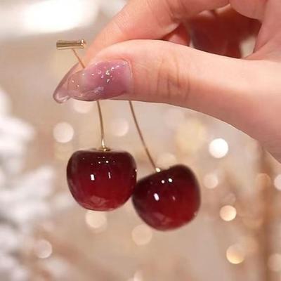 Red Cherry Stud Earrings Women Zircon Sweet Lovely Dangle Earrings Small Fresh Apples Drop Earrings Fruit Earrings