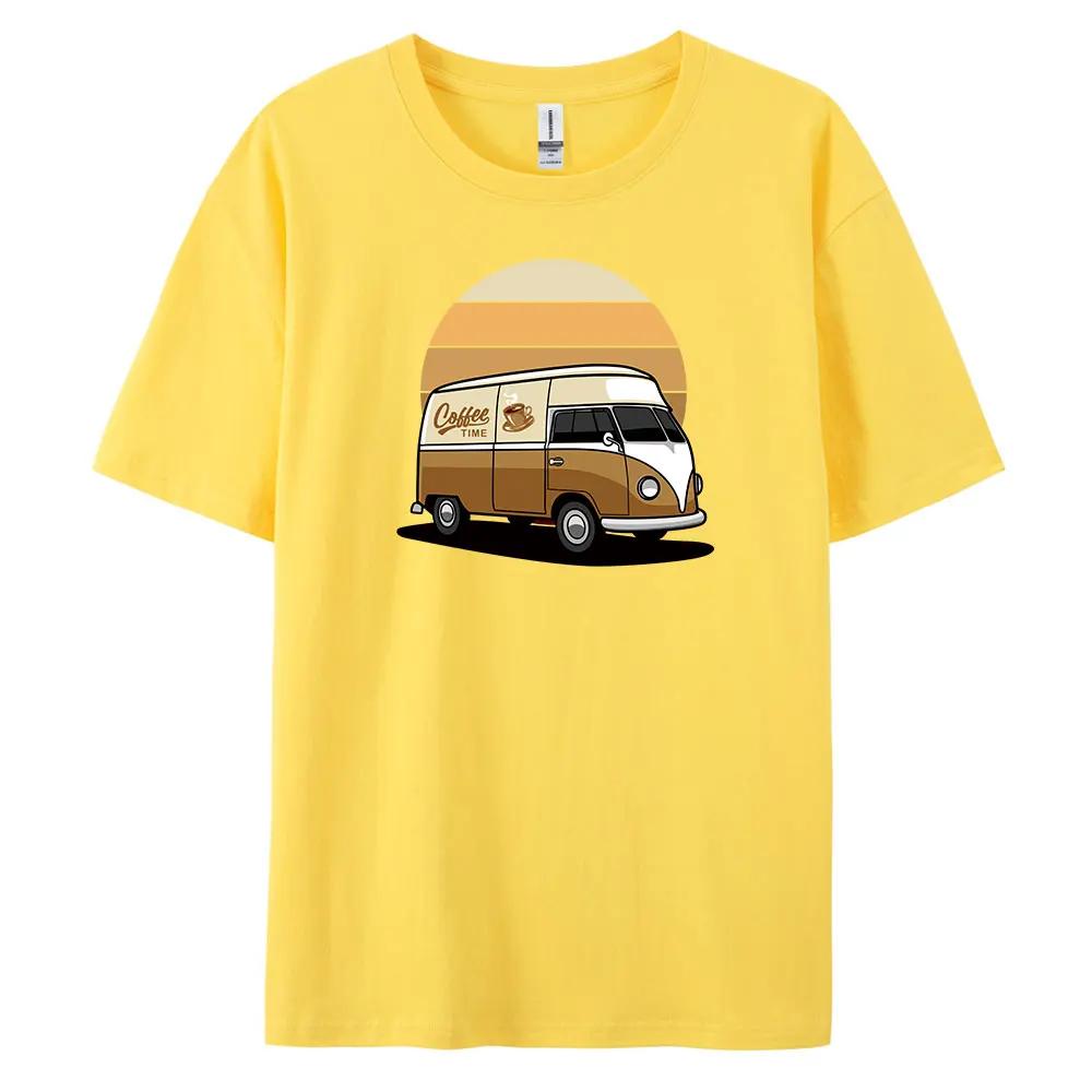 Men's Coffee Bus Pattern Printed 100% Cotton Casual Short-sleeved T-shirt, Street Trend High-quality Top