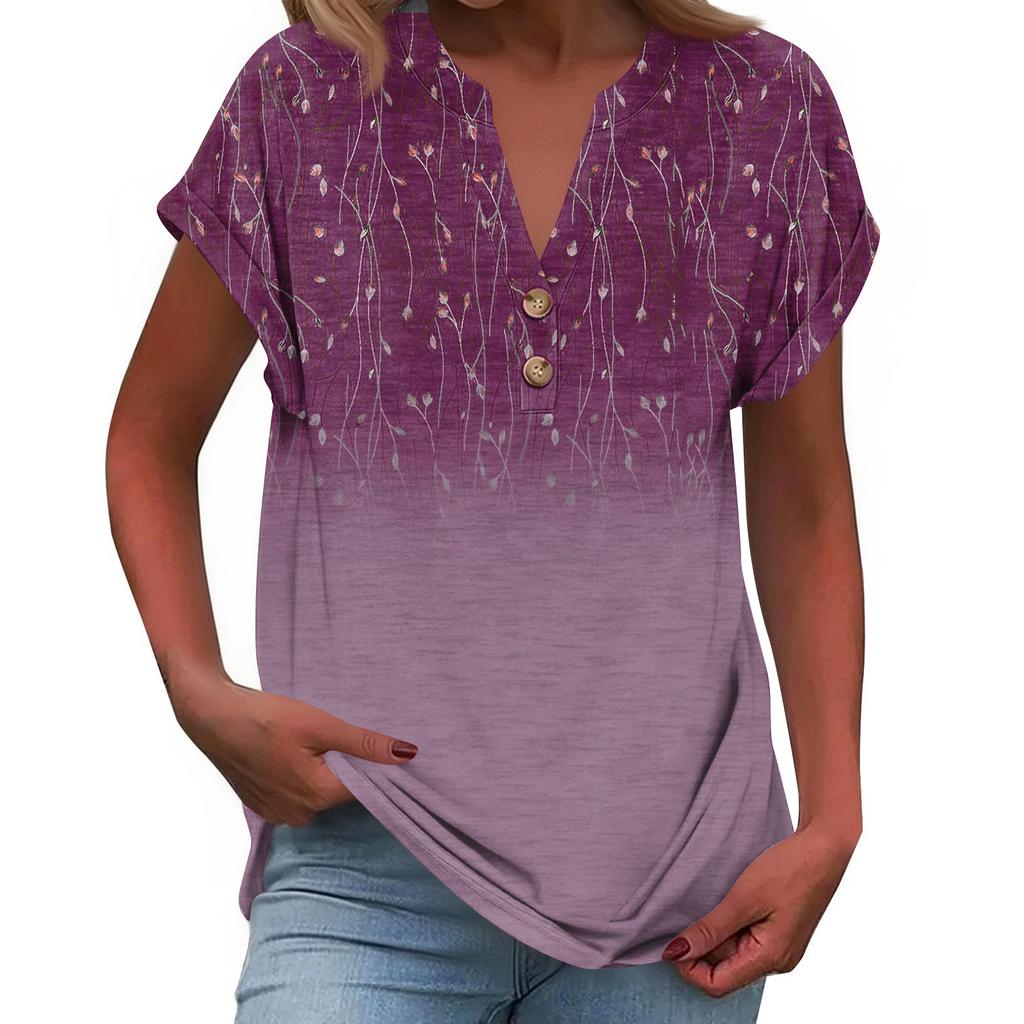 Modieuze Casual Losvallende Dames T-shirt Top met Korte Mouwen, Knopen en V-hals, Bedrukt