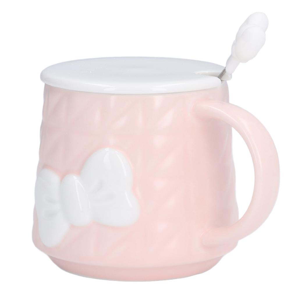 400ml Cute Bowknot Ceramic Tea Milk Water Cup Coffee Mug with Lid Stainless Steel Spoon for Home Holiday Gifts
