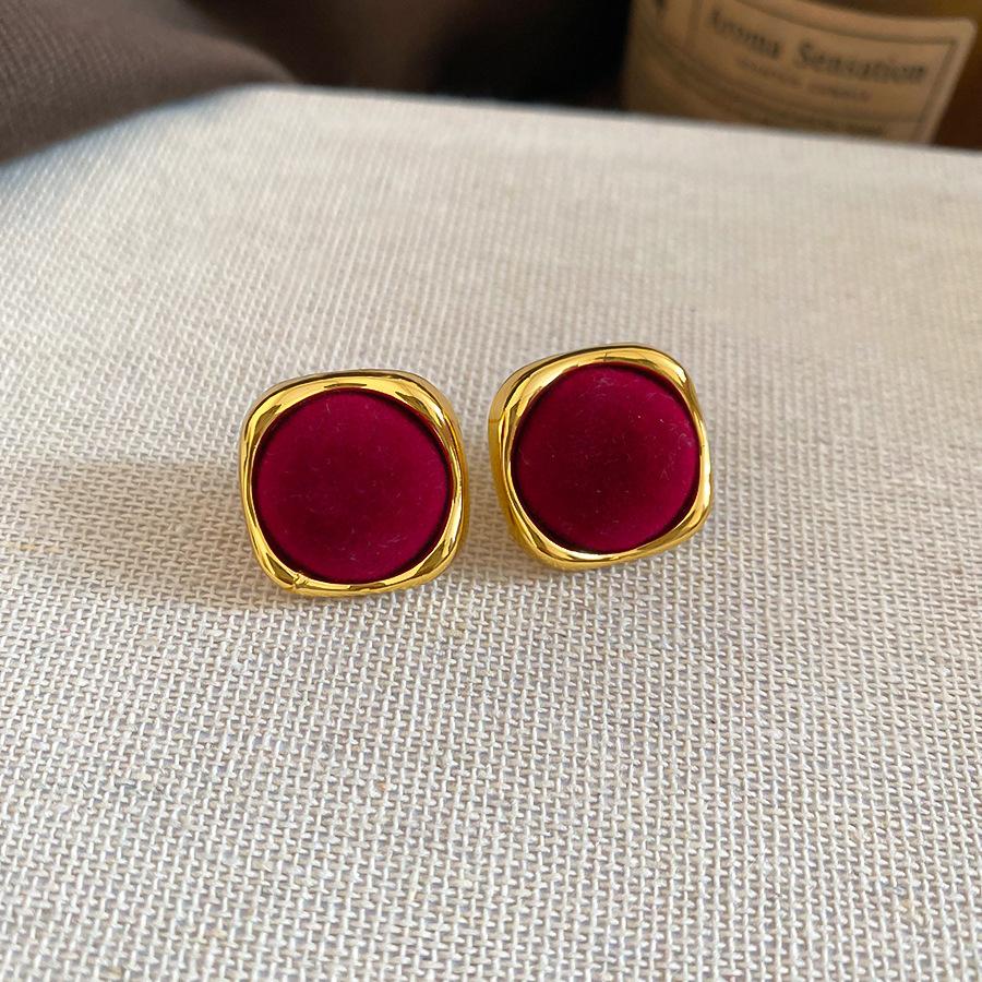 Retro Hong Kong Style Red Flocking Geometric Round Earrings Earrings Fashion Personality Temperament Earrings Women