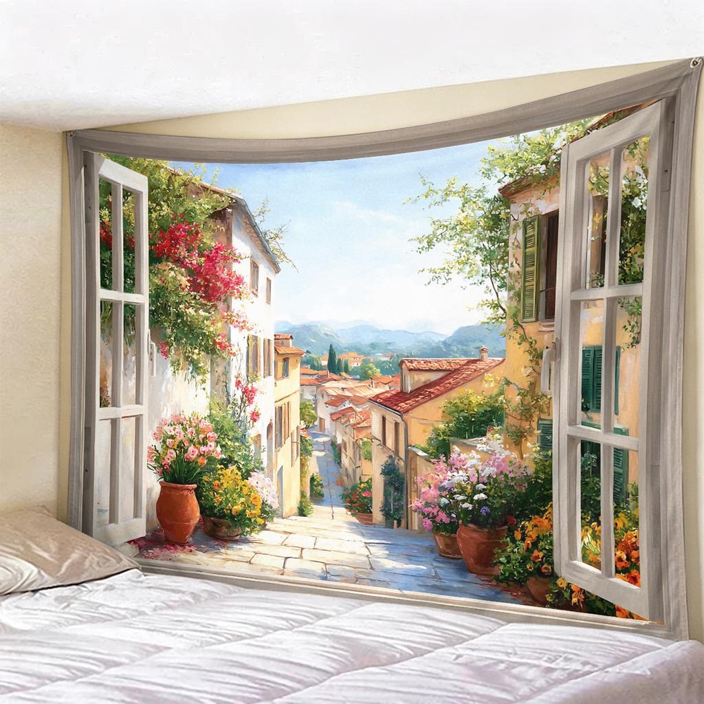 Window View Tapestry Wall Hanging, Scenic Nature Landscape Backdrop, Artificial Window Wall Decor for Bedroom Living Room