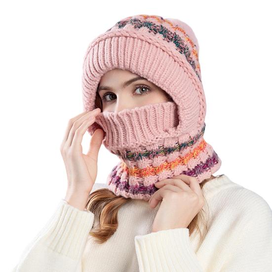 Women Hat with Long Scarf Full Face Guard Warm Knit Thermal Fleece Winter Ski Hat Patchwork Color Plush Ball Decor Cold Weather Headgear