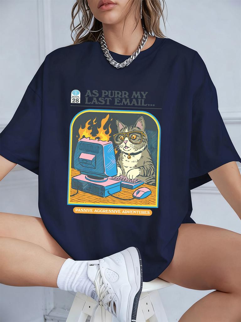 Cat Playing Computer Games Printed TShirts Womens Summer Cotton Short Sleeve T Shirt Loose ONeck Soft Tops Basic Woman Clothes