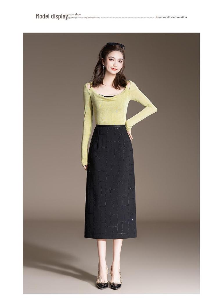 Spring 2026 Black Sequin Slim Bodycon High Waist Midi Pencil Skirt