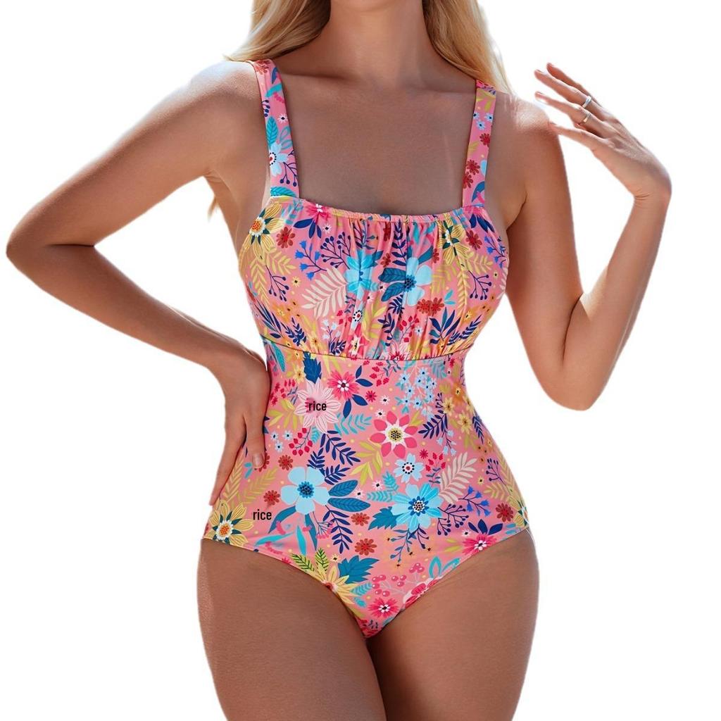 Floral Ruched One-Piece Swimsuit for Women - European and American Fashion Beachwear