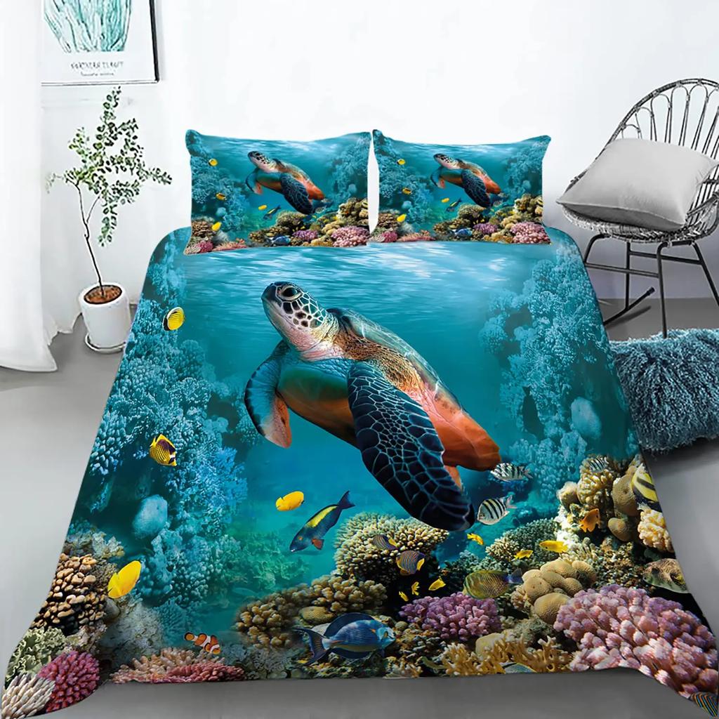Sea Turtle Duevt Cover Set King Size Ocean Turtle Themed Comforter Cover For Teens Boys And Girls Soft Polyester Quilt Cover
