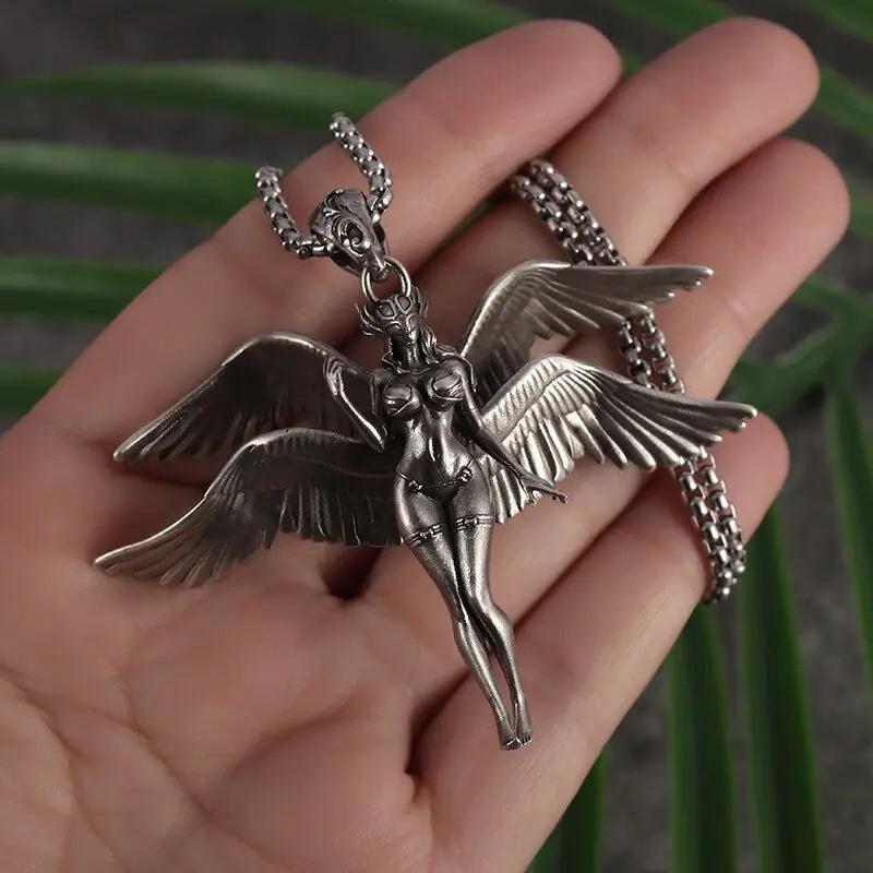 Retro Gothic Angel Wings Goddess Pendant Necklace For Men Women Punk Hip Hop Party Jewelry Accessries Gifts