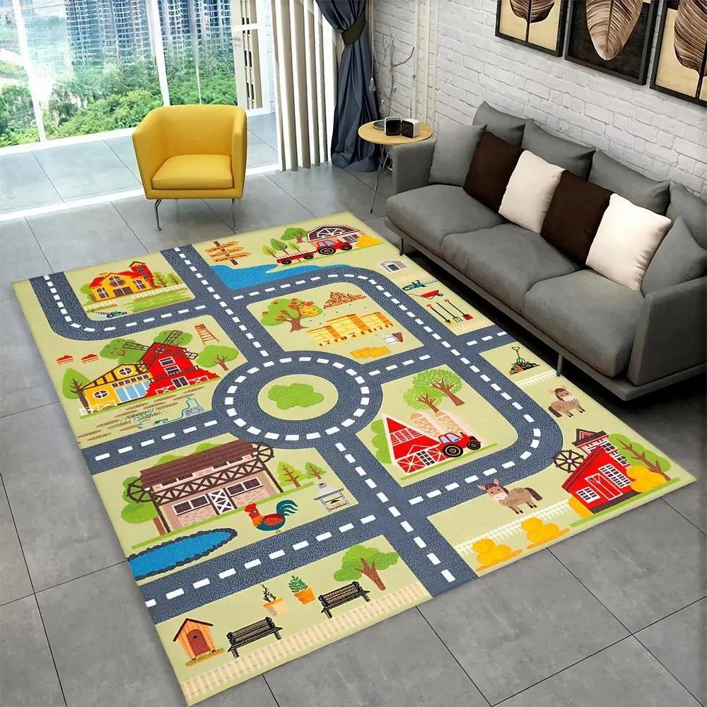 Interactive Kids' Playmat with City Roads Traffic Theme Rug for Playroom Non-Slip Carpet for Living Room or Bedroom Floor Mat