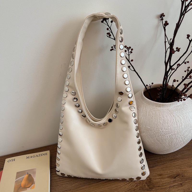 Trendy Retro One-Shoulder Rivet Bag with Textured Design