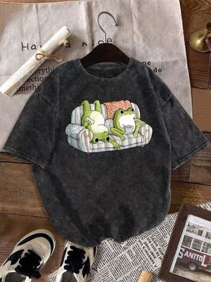 Vintage T-shirt z kwasowym praniem Zabawna Żaba Sofa Graficzny T-shirt Retro Oversize Streetwear Top Płótniana bawełna Hip Hop Casual Krótki rękaw