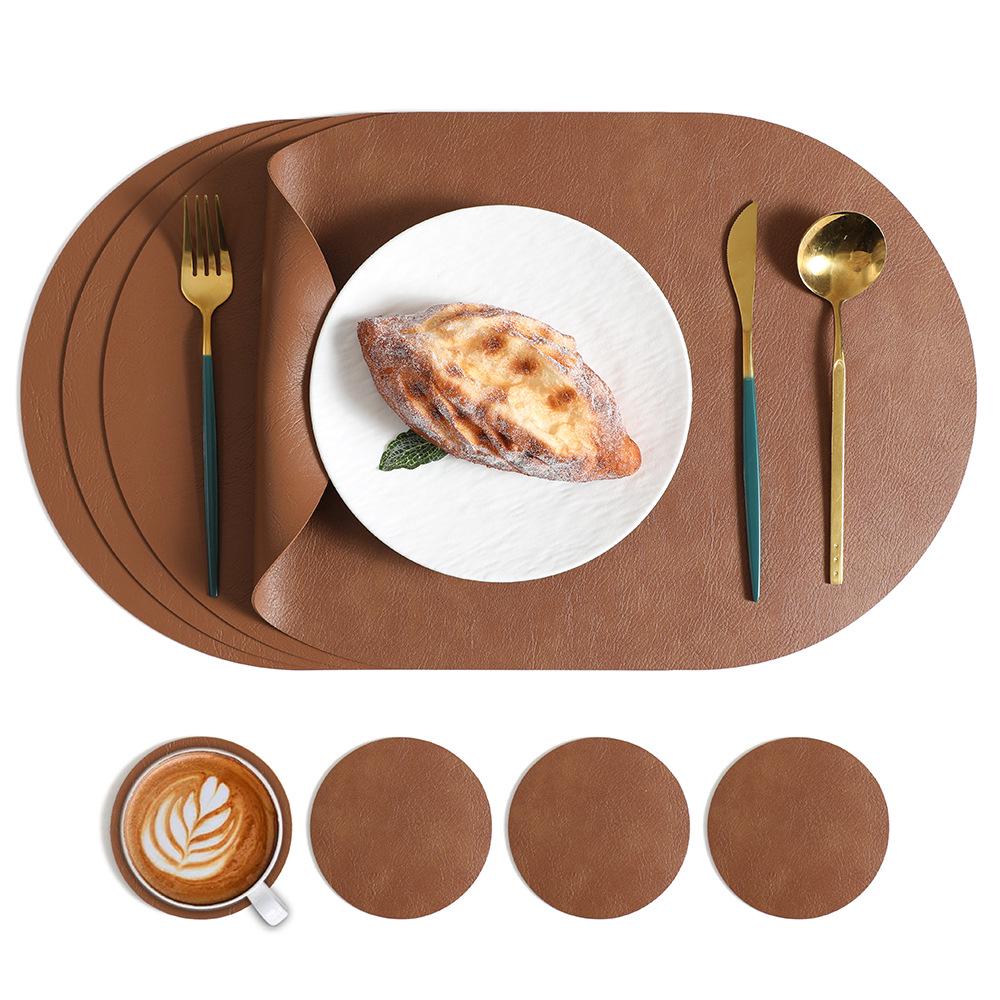 Nordisches Zweifarbiges Rindsleder Ovales Tischset - Hitzebeständig & Wasserdicht Round Coaster brown