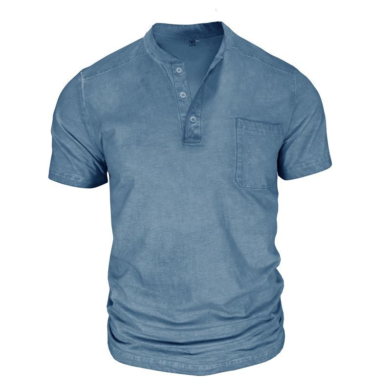 Men Black Washed Henley Neck Short Sleeve Chest Pocket Casual T Shirt