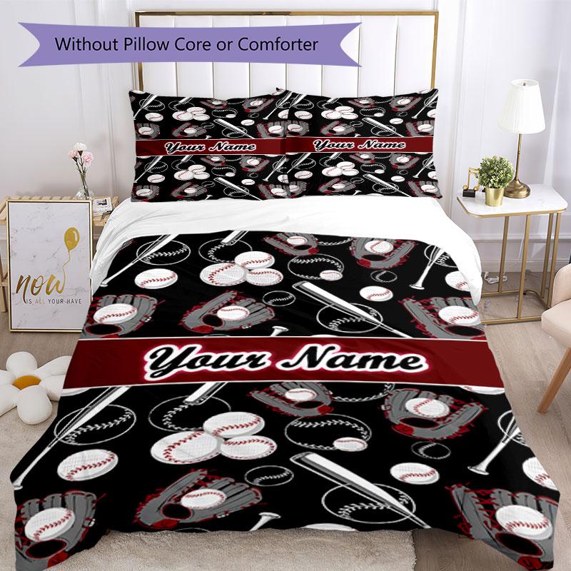 3PC Custom Name Baseball Gloves Bats Bedding Set Duvet Cover Closure Includes 1 Duvet Cover & 2 Pillowcases for Bedroom