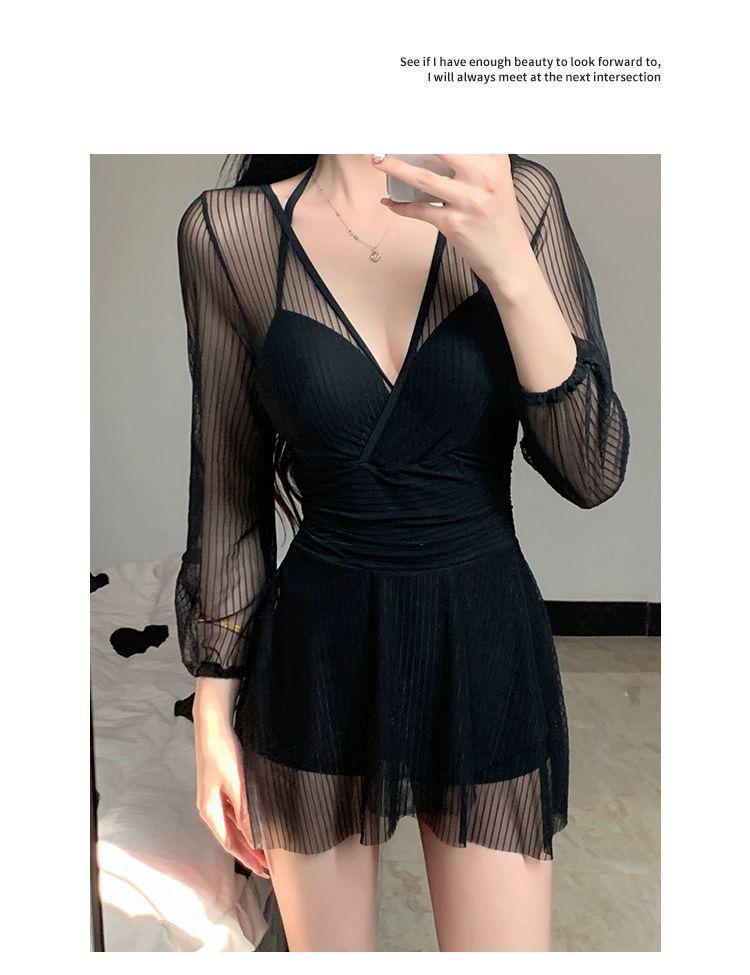 Traje de baño de una pieza con falda para mujer 2025 - Encaje adelgazante de manga larga, que cubre el abdomen, con aros para pecho pequeño
