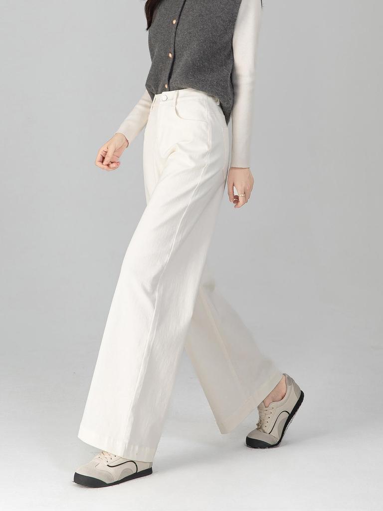 Damen Klassische High-Waist Denim Blau Weitbeinige Hose - Slim Fit, Neuer Herbststil, Figurbetonend und Schlichtes Design in Weiß.