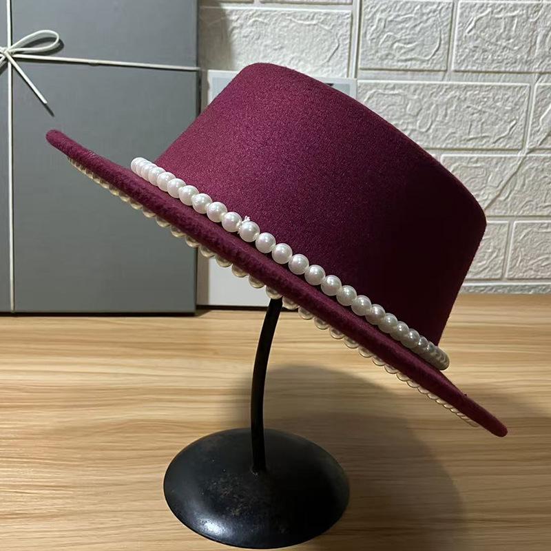 Autumn and winter pearl woolen flat top top hat children celebrity style Internet celebrity fashion versatile small brim shade felt hat