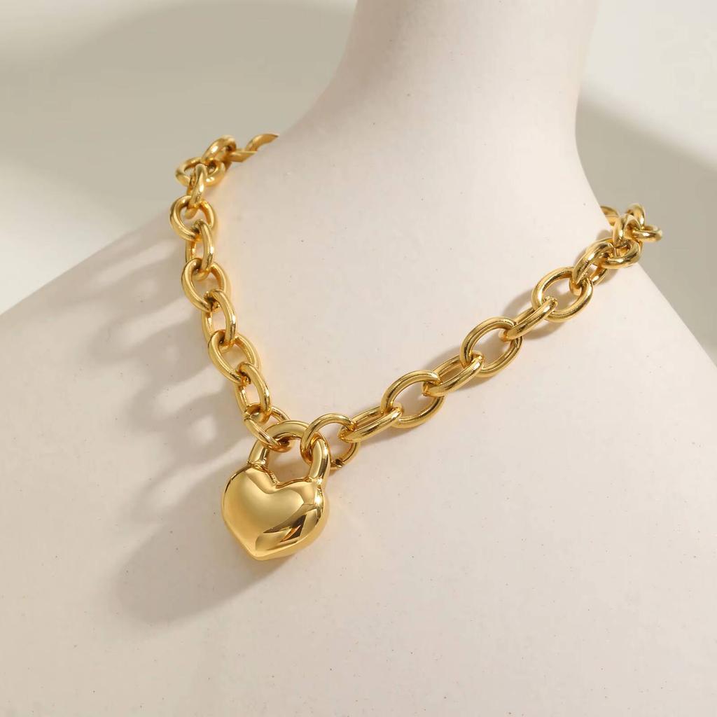Vnox Stainless Steel Gold Plated Heart Lock Pendant Necklace Bracelet for Women, Chunky Curb Chain, Exquisite Trendy Jewelry New