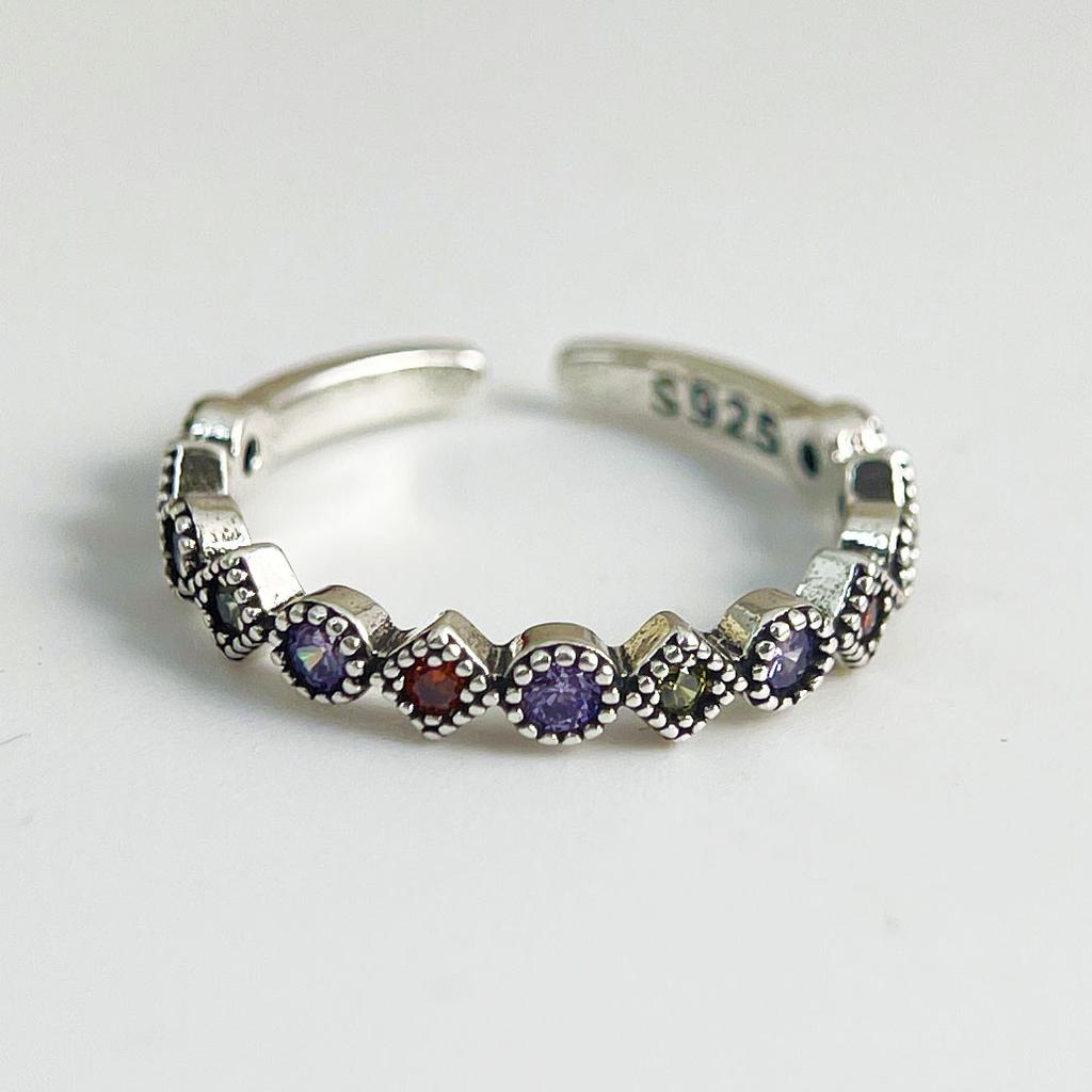 925 Silver Rings For Women Geometric Fine Jewelry Finger Adjustable Simple Colorful Stone Ring For Party Birthday Gift