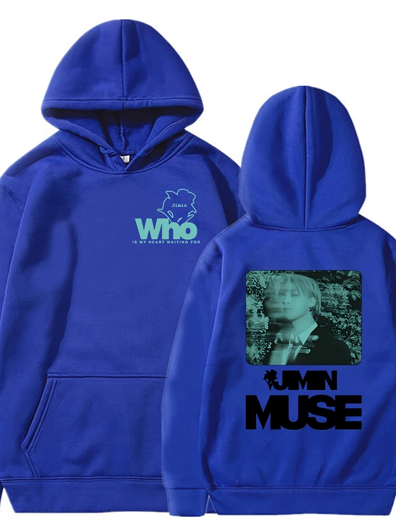Jimin Muse Grafik Hoodie - Auf Wen Wartet Mein Herz? Aufdruck, K-Pop Fan Bekleidung mit Tasche, Lässiger Pullover Sweatshirt für Frühling Herbst M braun