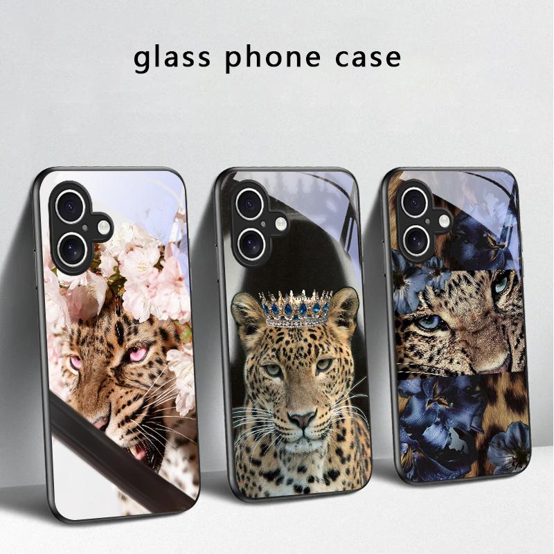 Flower Leopard Shadow For iPhone 17 Air 16 E 15 Plus 14 Pro Max 13 12 Mini 11 5 6 7 8 Plus XR XSMax SE Black Glass Phone Case