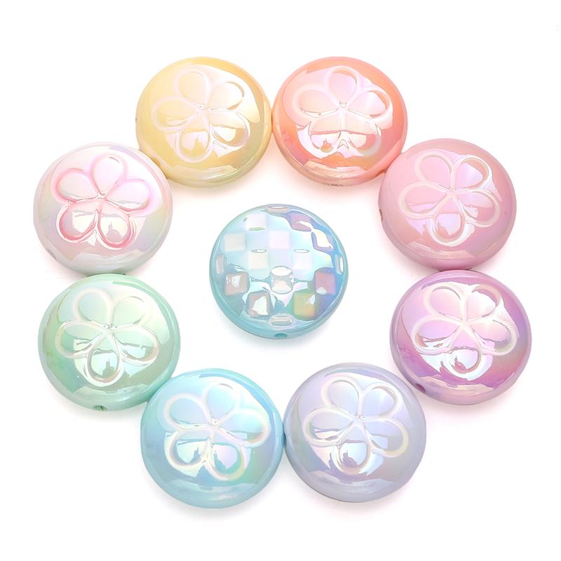 2pcs [25mm] Flat Round Acrylic Beads Plaid Flower Flat Beads For Jewelry Making DIY Pendant Keychain Crafts Findings