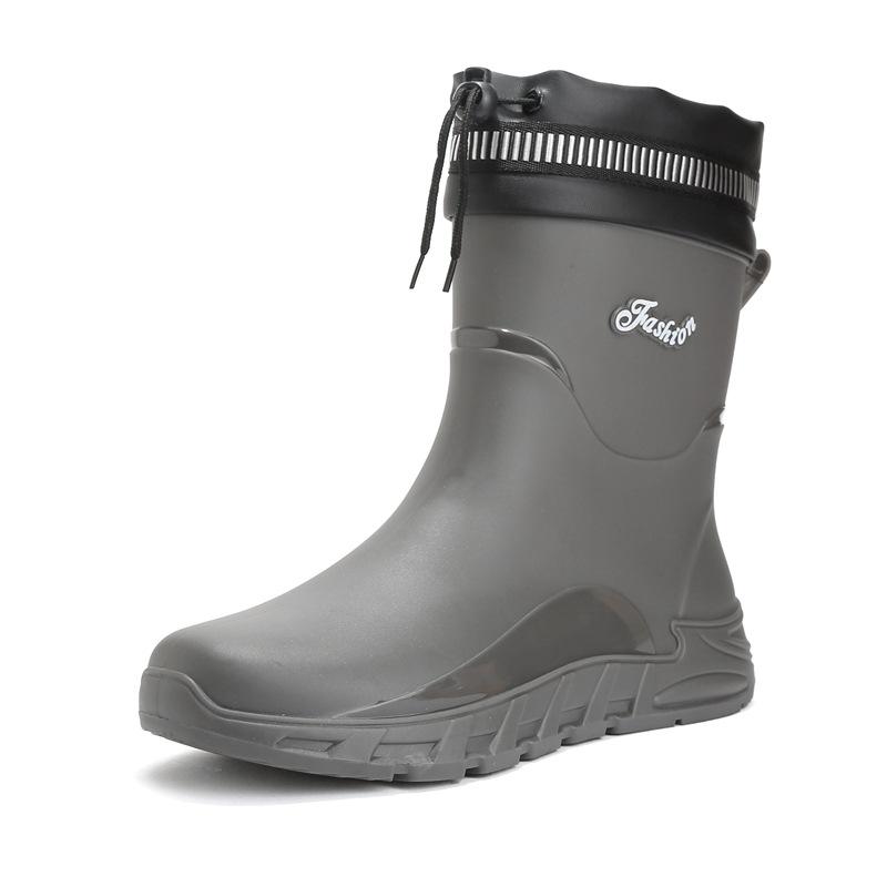 Rain Shoes Men's Medium Tube Non-slip Fishing Rain Boots Waterproof Shoes Velvet Warm Kitchen Bundle Rubber Shoes Car Wash Overshoes