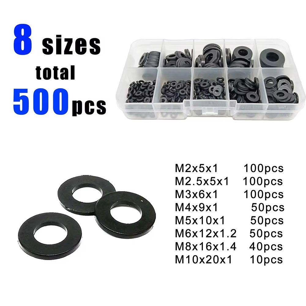 

500Pcs 8 Sizes Plane Spacer Flat Insulation Gasket Ring New Nylon Washer Black