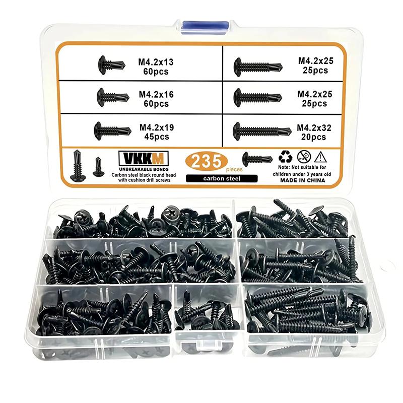 235Pcs carbon steel black round head with buffer drill screw