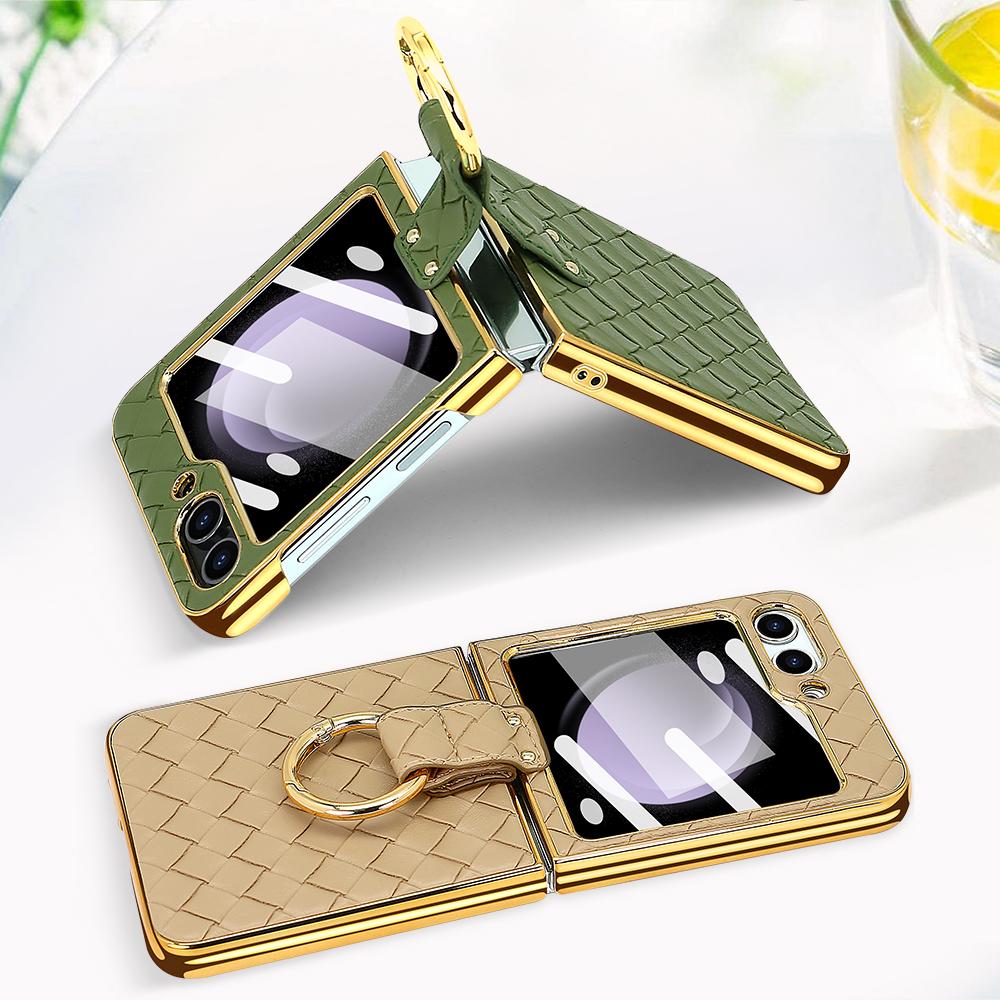 Woven Pattern PU Leather with Glass Front Film Shockproof Phone Case for Samsung Galaxy Z Flip7 6 5 with Finger Ring Bracket