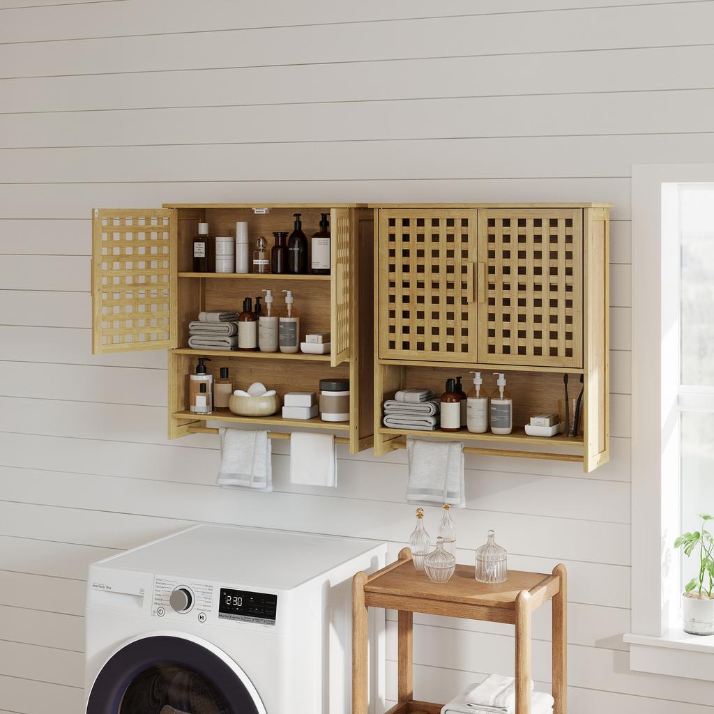 Bamboo Bathroom Wall Cabinet, 2 Slatted Doors, Open Compartment, Adjustable Shelf, Natural Wood