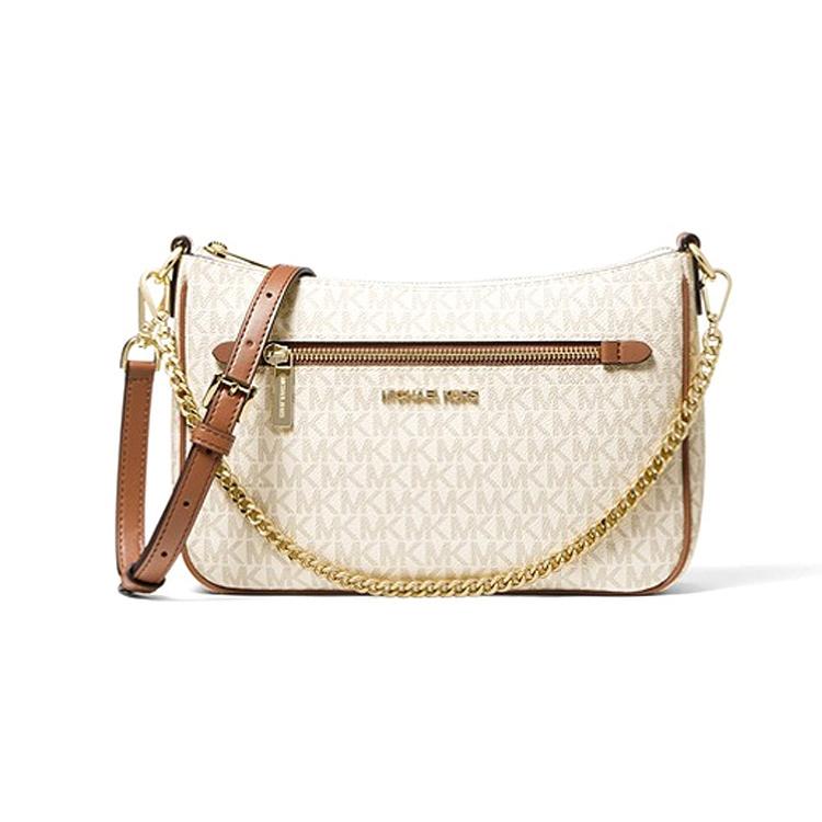 

New MICHAEL KORS Canvas Shoulder Bag, Pochette, Shoulder Bag Women s Vanilla White & Acorn Brown 35T1GTTC1B-VANILLA 27.9*7.1*19.1CM