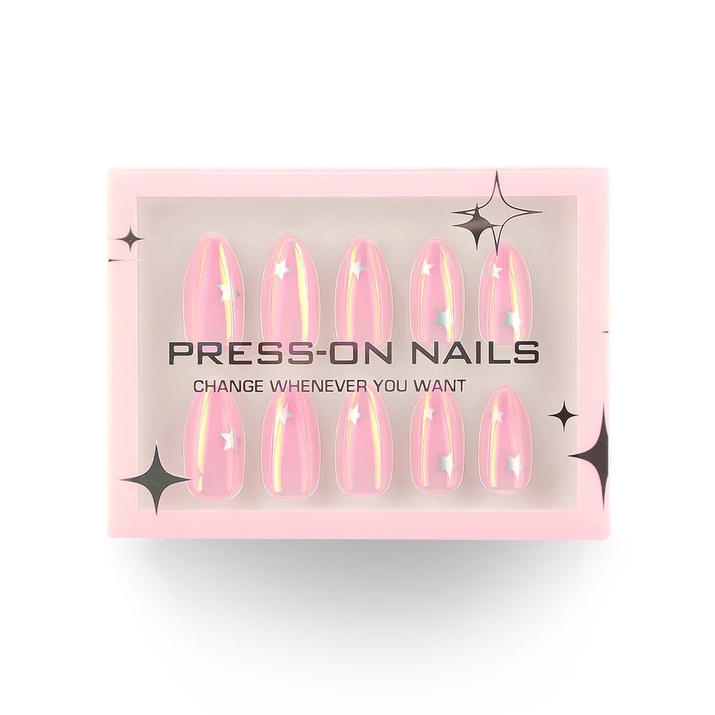 Silver star manicure, 30 fake nails, boxed high-end wearable nail pieces, finished short almond nail wearable nail