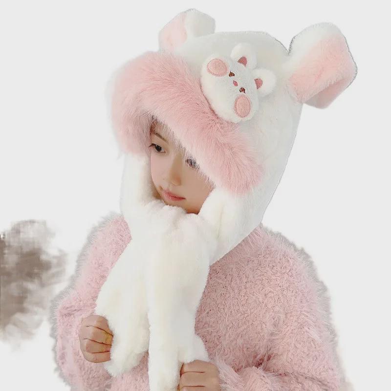 Cute Rabbit Ear Children's Hat & Scarf Combo - Plush, Warm, and Movable Ears for Girls.