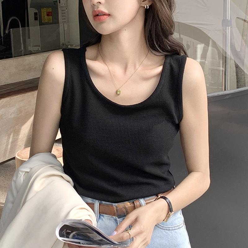 

Стильная элегантная модная женская повседневная жилетка H309 белая майка-камисоль Ms. Летние свободные черные топы без рукавов с внутренней отделкой и внешней вафельной тканью XL(62.5-70)kg