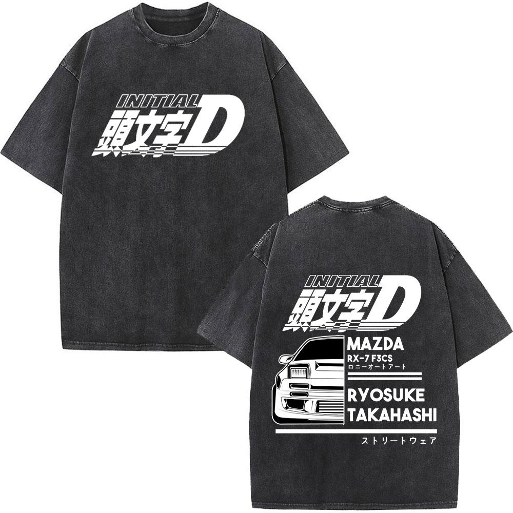 Anime Initial D Drift AE86 Washed Vintage Print T-shirt RX-7 R34 Skyline GTR JDM T-shirts Men's Harajuku Cozy Oversized T Shirts