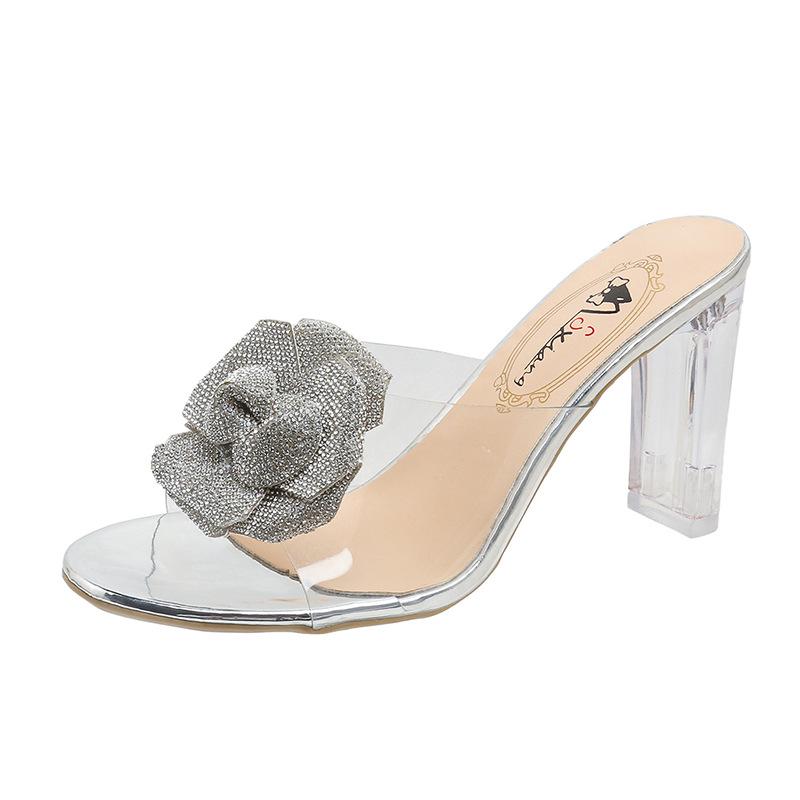 

2024 весна новая корейская версия прозрачные кристаллы на высоком каблуке крутые тапочки большой цветочный дизайн модные сандалии женские 34 серебряный