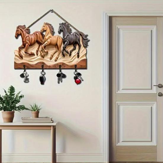 Placa de Madeira com Animal com 4 Ganchos Decorativa para Pendurar Placa de Cavalo Rústica Arte de Parede Placa de Elefante para Segurar Chaves Bolsas Cachecóis Decoração de Quarto Entrada