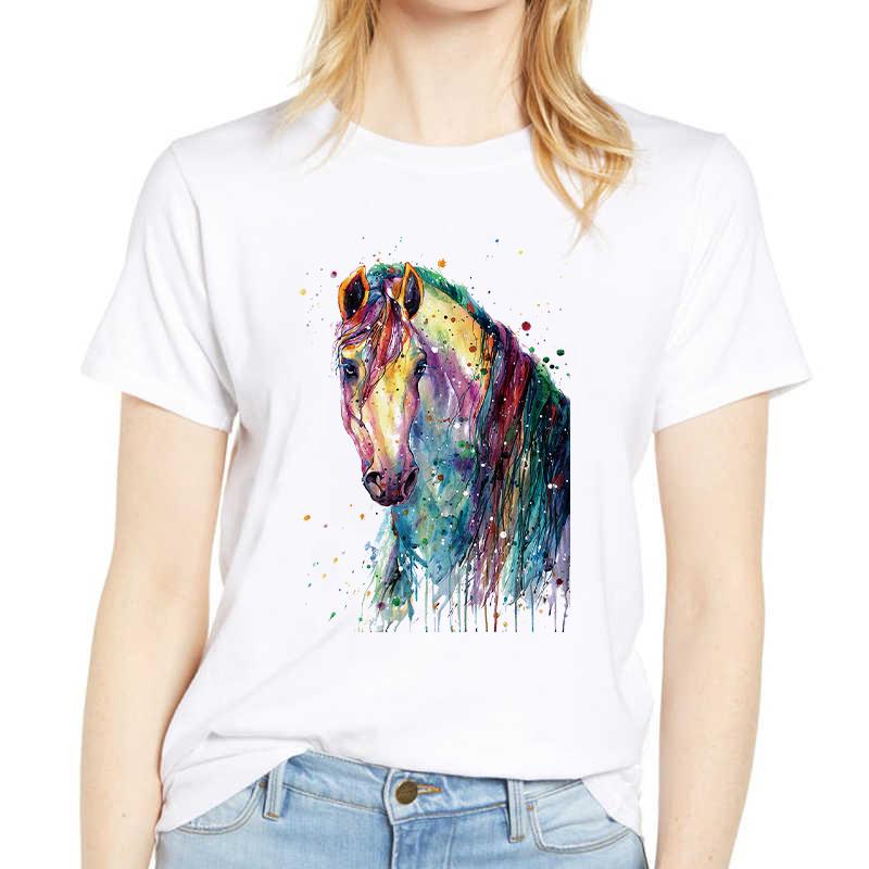 Colorful Horse Print Women T-Shirt Funny Short Sleeve Cute Print Casual Womens Tee Tshirt 90S Clothes Graphic Ladies T-Shirt