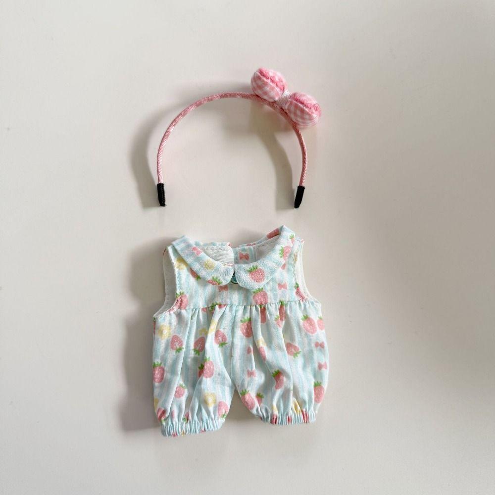 1 set Strawberry jumpsuit Set Sitting Labubu Time Cloth 17cm Plush Dolls Clothes  Kids Girls Toys