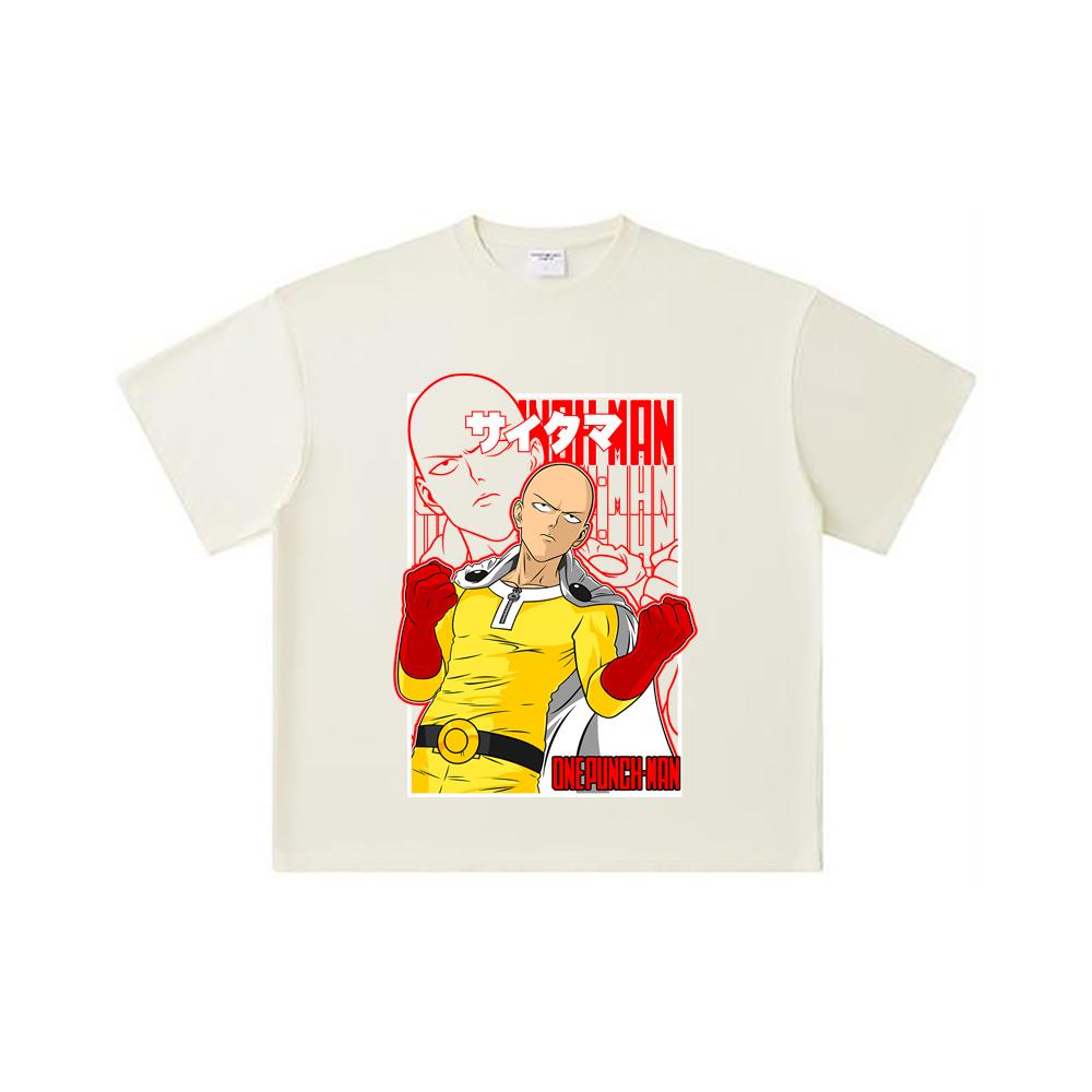 260 GSM Double Yarn 32 Count 100% Cotton One Punch Man V7 Saitama Print Unisex Heavy Cotton T Shirt
