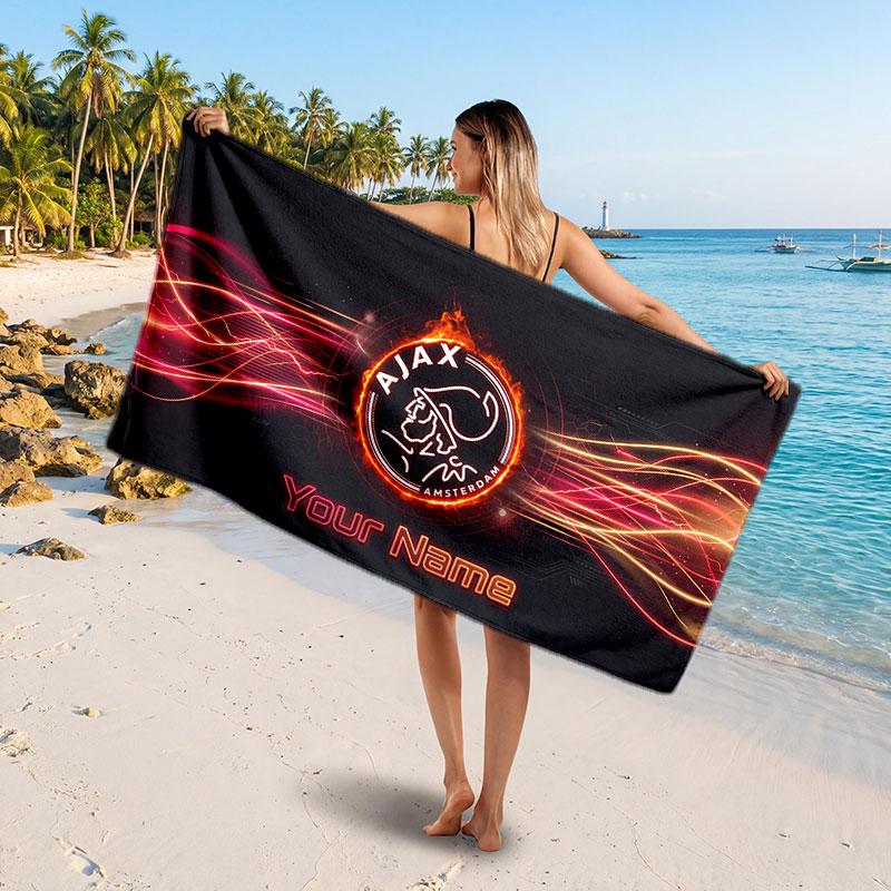 Asciugamano da Spiaggia Personalizzato Ajax Amsterdam, Stampa Testo Nome Personalizzato, Asciugamano Morbido Asciugatura Rapida con Logo Calcio, Regalo per le Vacanze